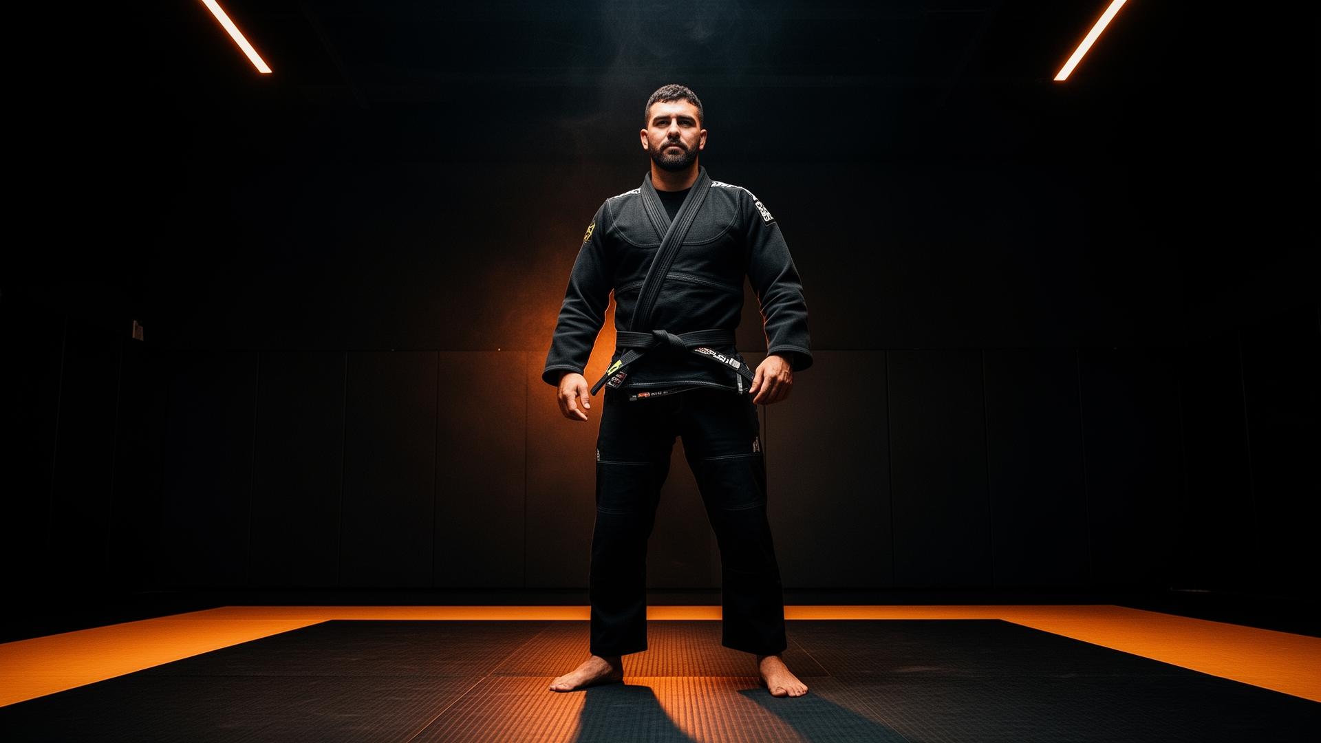 Professor faixa-preta de jiu-jitsu em tatame moderno